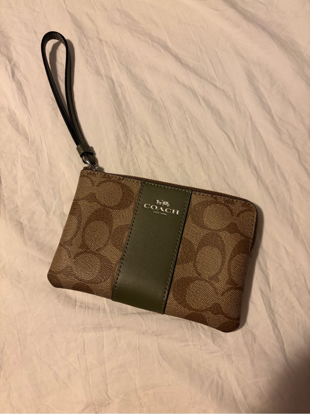 Coach Brown Signature Canvas Wristlet with Olive Center Stripe
